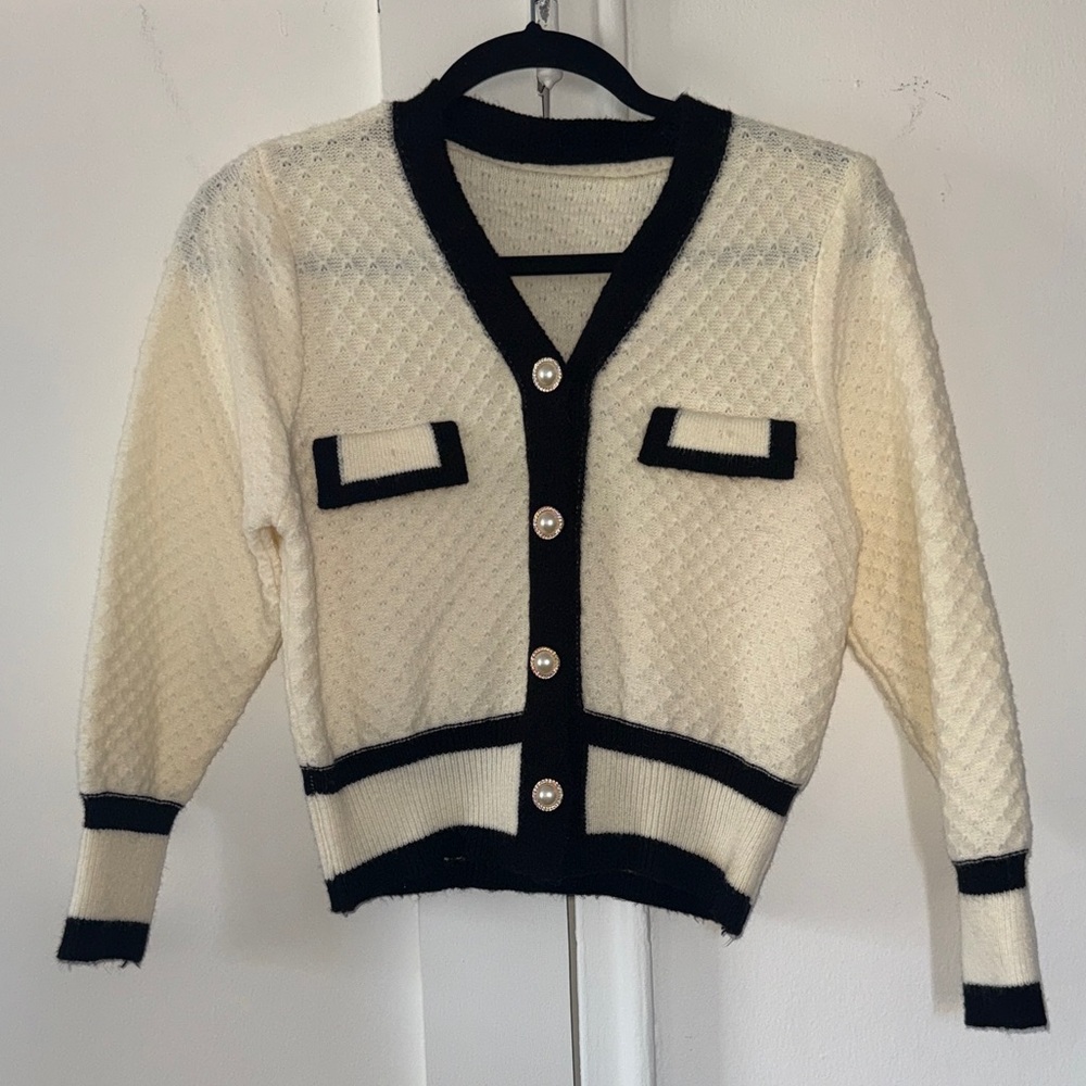 Cream and Black Contrast Trim Cardigan Sweater
